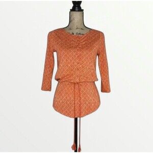 Lauren Ralph Lauren Tunic Top Womens Sz S Orange Geometric Cinch Waist Shirt